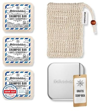 Störtebekker® Premium Duschset - Festes Shampoo Anti-Schuppen (x3), Sisalsäckchen + GRATIS Seifendose Aluminium - Shampoo Bar Set für Haare & Kopfhaut - Handgefertigt in Seifenmanufaktur
