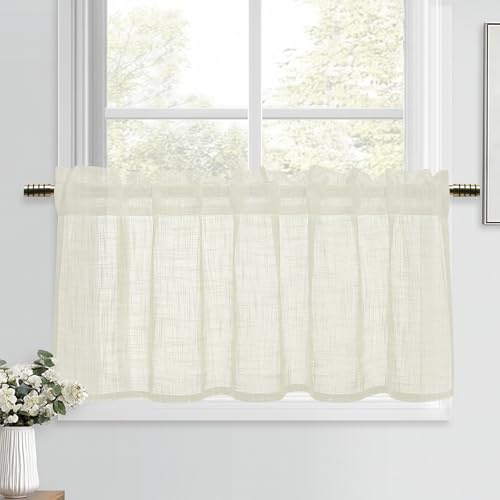DWCN Hellbeige Scheibengardinen Kurz Vorhänge Leinen Gardinen 1 Stück H45xB120cm Vorhang Halbtransparent Fenstervorhänge Modern für Küchengardinen Landhaus Schrankvorhang Bistrogardine Wohnwagen