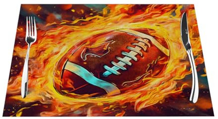 Rutschfeste, plistische PVC-Platzsets, Flamme American Football im Cartoon-Stil, leicht zu reinigen, für drinnen und draußen, waschbar, für Party, Küche, Esszimmer