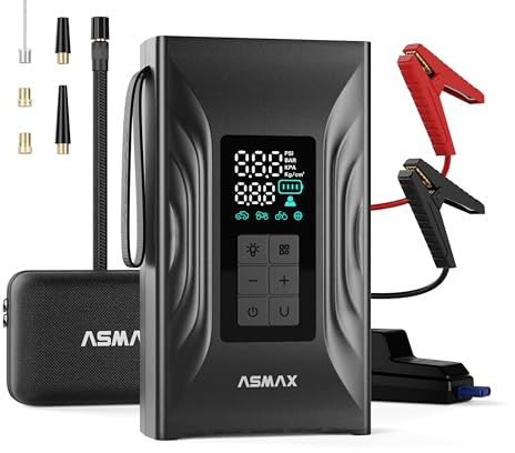 ASMAX T20 Arrancador de Baterias de Coche 4000A, Compresor de Aire 150PSI | Arrancador de Coche 12V para 9L de Gasolina o 8L de Diésel, Booster con Pantalla LCD Grande, para Coche/ Moto