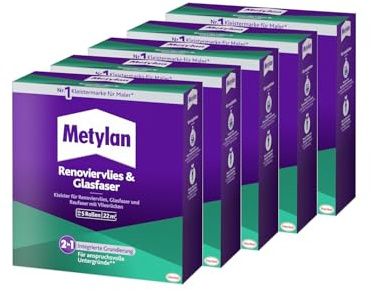 Metylan Renoviervlies & Glasfaser Pulver, Faltschachtel, 5x 500g | Spezialkleister für Renoviervlies, Vlies- und Glasfasertapeten – extrem hohe Anfangshaftung