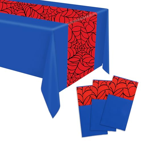 SAVITA 3pcs Spider Tablecloths, 54x108 Inch Plastic Blue Red Spider Web Table Covers Rectangular Cartoon Theme Birthday Supplies Decorations Table Cloth for Baby Shower Birthday Kids Boys