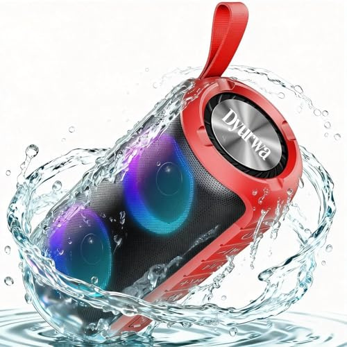 Dyurwa Bluetooth Lautsprecher Klein, Musikbox Bluetooth 5.3 Freisprechfunktion, Tragbarer Lautsprecher Bass-Treibern, IPX6 Wasserdicht, 12H Akku, RGB Multi-Color-Rhythmus-Lichter für Outdoor, USB-C