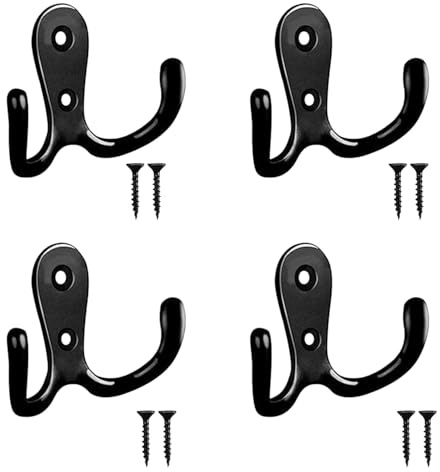 4 Pcs Double Prong Robe Hooks with 8 Screws,Double Prong Wall Mounted Decorative Clothes Hat Hooks,Dual Coat Hooks Mounted,for Bathroom,Bedroom,Door,Wall (Black)