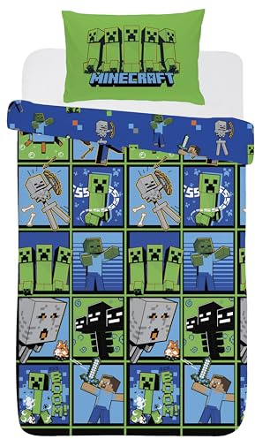 Minecraft Duvet Cover Set Single Creeper Design Bedding Set with Pillowcase Blue Green