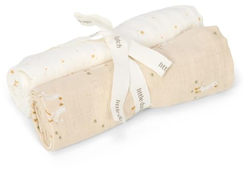 Little Dutch Mulltücher Swaddle Spucktücher Musselin 2er Set (70x70 cm) Baumwolle Little Goose beige/weiß - Newborn Naturals