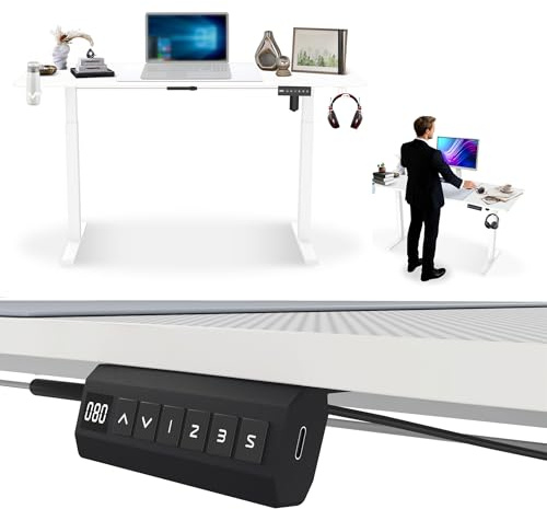 UISEBRT Höjdjusterbart skrivbord elektriskt med typ C laddningsport, 140 x 60 cm justerbart datorbord stående skrivbord med minnesfunktion, mugghållare, hörlurskrokar för kontor, vit