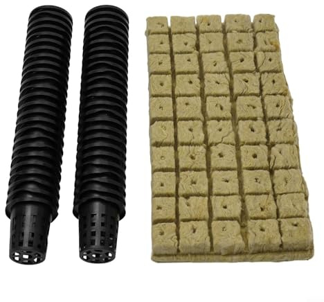 50 Sets Steinwolle Grow Cubes mit Netztöpfen für Aquaponik und vertikale Gartenvermehrung, erdloses Pflanzschwamm-Set für Gewächshausgemüse
