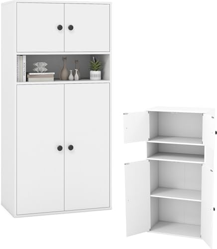 KOMFOTTEU Bücherregal mit 3 Ebenen, Bücherschrank mit 2 Schränken mit Türen und offenem Regal, Würfelregal mit verstellbarem Regal, für Arbeitszimmer, Wohnzimmer, 54 x 30 x 111 cm (Weiß)