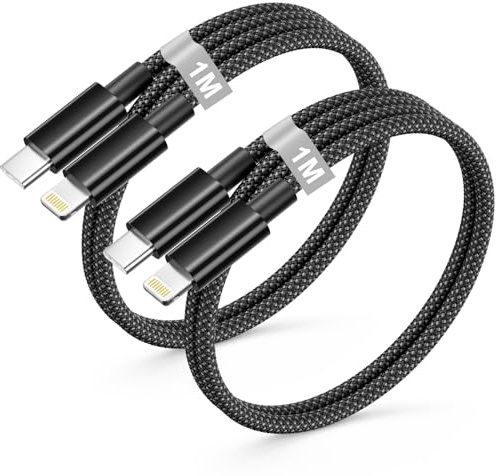Cable iPhone Carga Rapida 1M 2Pack,[Apple Certificado MFi] Cable Lightning USB C Cabo Nylon Negro cable Cargador Lightning Tipo C iPhone Carga Rapida para iphone 14 13 12 11 Pro Max/X/XS/8/7/6/5,iPad