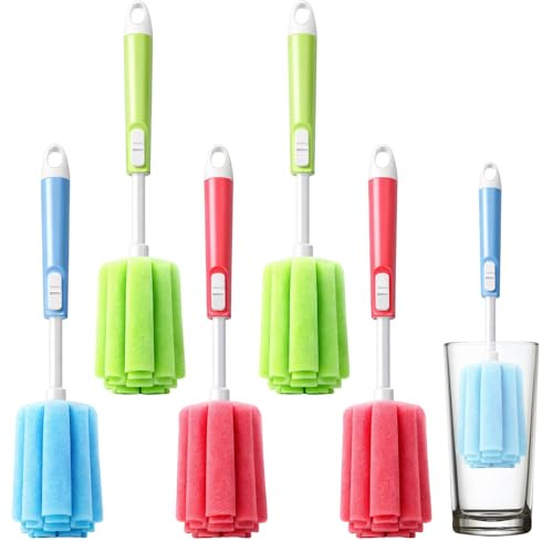 5Pcs Washing up Sponge with Handle Collection, Complete Washing up Brush and Dish Sponge with Handle Set for Household Chores (Red, Green, Blue)