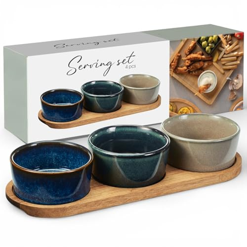 MIJOMA Servierset 4-teilig – Drei Steingut-Schalen in Reactive-Glaze-Tönen – Akazienholz-Tablett FSC – Für Tapas, Dips und Snackmomente (Tablett ca. 29 × 10 × H 1,5 cm)