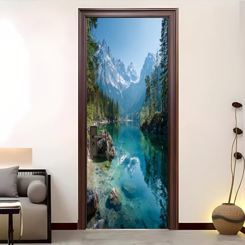 3d Türtapete Selbstklebend 77x205 cm DIY Wandbild Berg- Und Seenlandschaft Wasserdicht Türposter PVC Türaufkleber GrüN Fototapete Türfolie für Wohnzimmer Schlafzimmer Küche Tür Verschönern