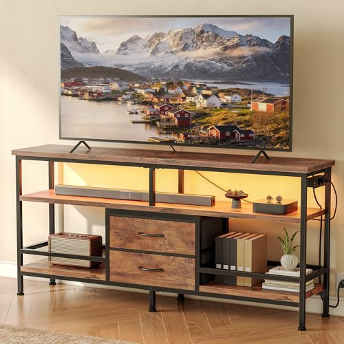 CO-Z TV-bänk 140×30×60 cm, multimediaenhet för 43–65” TV-apparater med LED-belysning och avtagbar laddningsstation, modern TV-bänk med öppna hyllor och tyglådor, brun