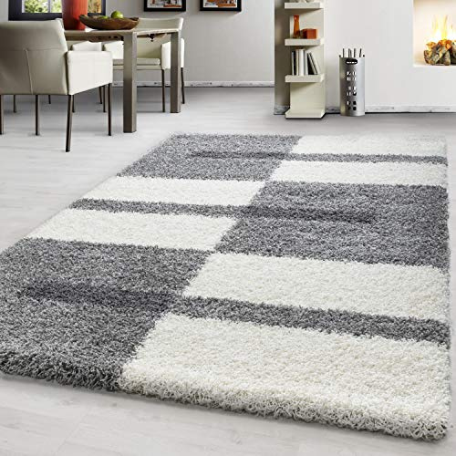 Teppium Moderner Hochflor Teppich Wohnzimmer 300x400 (280 x 370 cm) Hellgrau - Shaggy Flauschiger Teppich, Extra Weich, Pflegeleicht und Kariertes - für Schlafzimmer, Küche und Esszimmer