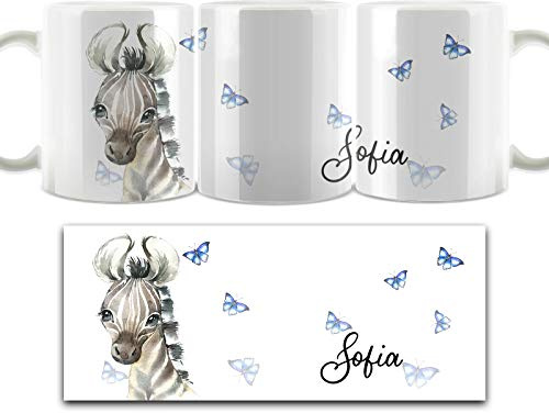 Hairyworm Personalised Mug with Custom Name (11oz) White, Yellow, Blue, Black, Pink Cup with Zebra Blue Butterfly Design