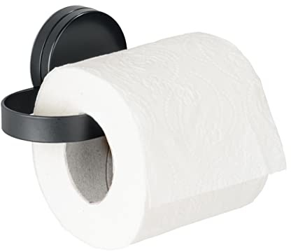 WENKO Static-Loc Plus Toilettenpapierhalter Pavia Schwarz, WC-Rollenhalter, Befestigen ohne Bohren, sicherer Halt durch statische Haftung auf glatten, luftundurchlässigen Flächen, Stahl matt