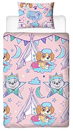 Paw Patrol Single Duvet Cover, Sleepover Design | Pink Reversible 2 Sided Bedding Duvet Cover Official Merchandise, Pillow Case Included