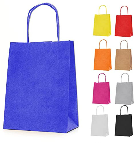 MERRIMEN 30 Pack Kraft Paper Gift Bags - Durable, Eco-Friendly Carrier Bags with Twisted Handles, for Gifts, Food, Sweets, for Kids Parties, Christmas, Weddings, Hen Parties - 18x22x8cm - Blue
