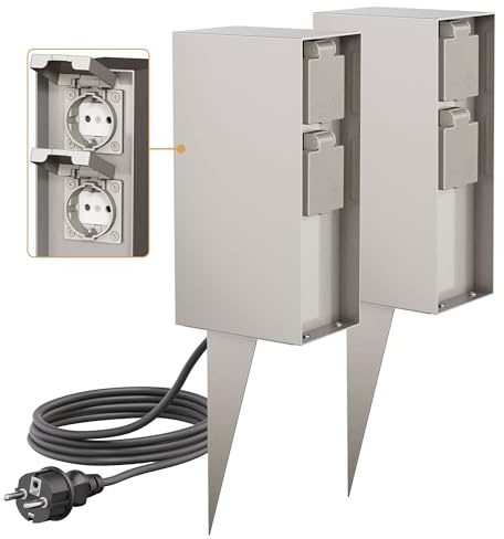 ledscom.de 2 Stück Garten-Steckdosen-Säule POMI mit Erdspieß und 2m Kabel für außen, IP44, 4-Fach, Edelstahl, eckig, 23cm