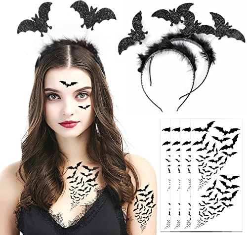 HOWAF Fledermaus Haarreif, Halskette, Halloween Tattoo Gesicht für Fledermauskostüm, Fledermaus Halloween Kostüm Damen Herren, Karneval Fasching Kostüm, A