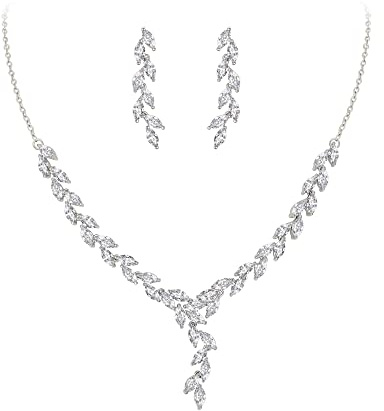 Clearine Zirkonia Schmuck-Set für Damen Brautjungfer Marquise klarer Cluster Y-Form Halskette und Ohrringe Set Silber-Ton