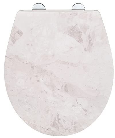WENKO WC-Sitz White Marble, robuster Toilettensitz aus antibakteriellem Duroplast mit Absenkautomatik & rostfreier Fix-Clip Edelstahl Hygiene Befestigung, WC-Deckel mit Relief-Oberfläche, 38 x 44,5 cm