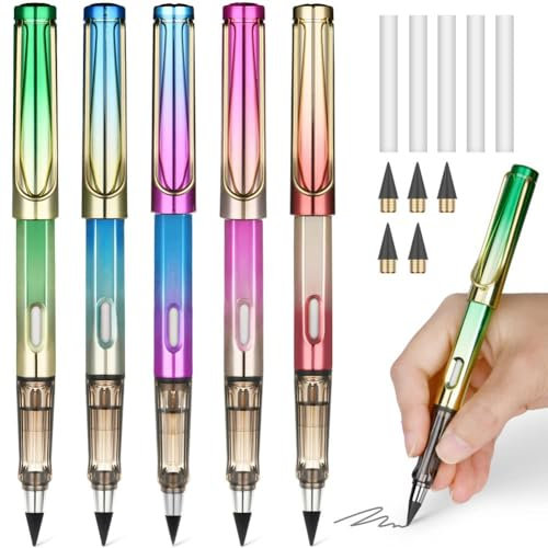 OFFCUP Metall Tintenlose Bleistifte, 5 Stück mit Radiergummi, Magic Pencil mit 5 Stück Wechselkopfm, Klares und Flüssiges Schreiben für Erwachsene Studenten Künstler Maler(Farbe)