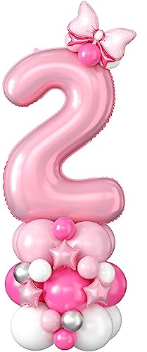 40 Inch Pink Number 2 Balloon for 2nd Birthday Decoration Pastel Baby Pink Number Two Foil Balloon Tower Giant Large Digit Hot Pink White Helium Balloons Stack for Girls Second Anniversary Party