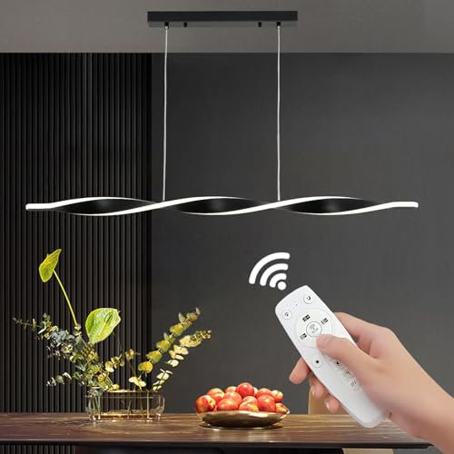 Lampadario a Sospensione Dimmerabile con Telecomando, Lampade a Sospensione Moderne Nere, Spirale Regolabile in Altezza Luce a Sospensione Tavolo da Pranzo per Salotto Cucina Camera da Letto Ufficio