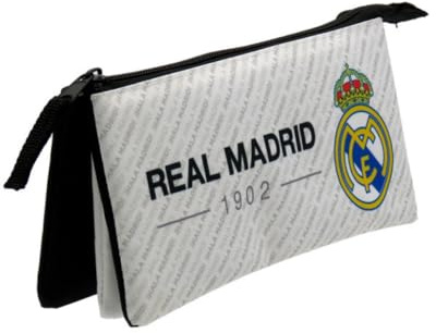 Real Madrid Pack Portatodo Triple 22cm, Estuche Ecolar Niños Colegio, Color Blanco y Negro, Producto Oficial