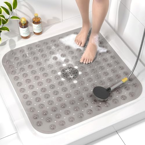 HITSLAM Duschmatte rutschfest, 53x53cm Antirutschmatte Dusche mit Saugnäpfen, Badewannenmatte rutschfest BPA Frei, Maschinenwaschbar Badematte, Weich auf den Füßen Rutschmatte Dusche, Grau