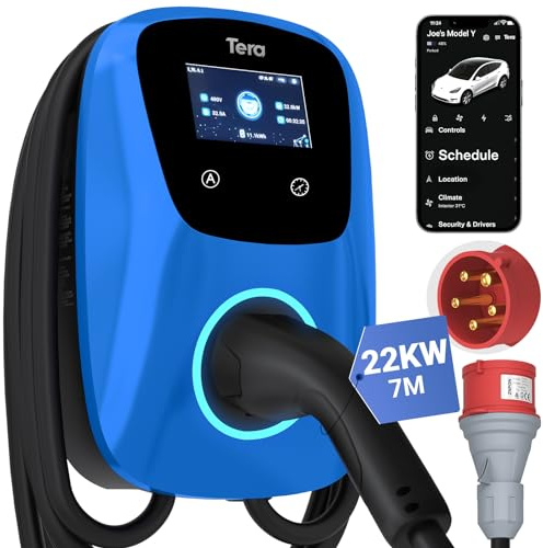 Tera EV Ladegerät Smart APP: 32A Typ 2 22kW oder 11kW Heim Ladestation 400V CE & TÜV Wallbox 7m Ladekabel mit Ladegerätehalter App-Steuerung CEE 3-Phasen Stecker für Alle EVs und PHEVs W01 Blau