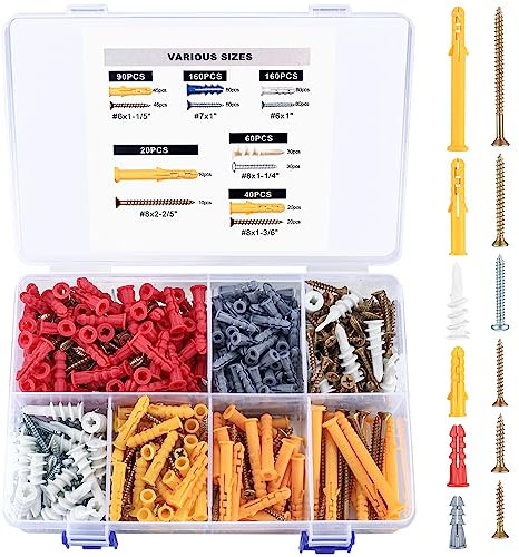 530 Pcs Screws and Wall Plugs Set, Raw Plugs and Screws Set, Concrete Brick Wall Fixings Masonry Screw and Plug Assorted Screw for Walls Hanging Items Sets