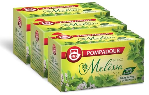 Pompadour, Infuso Melissa, 60 Filtri (3 Confezioni da 20 Filtri), Rlassante e Distensivo, Ideale per la Sera, 100% Naturale, Senza Lattosio, Glutine e Allergeni, Vegan