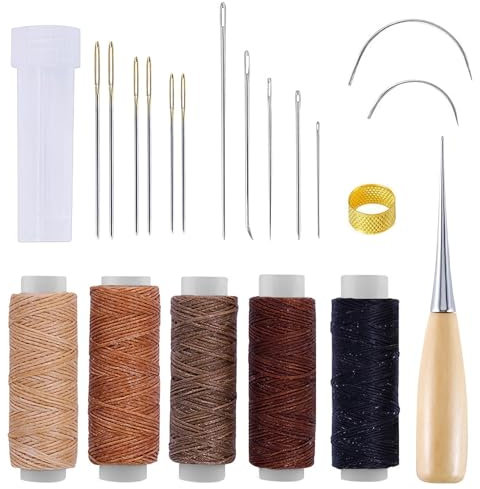 21-teiliges Ledergarn Ledernadel Set, 5 Rollen Wachsfaden, Sattlergarn Reißfest Nähahle Nadeln Fingerhut, Reparatur- und Lederhandwerks-Kit für Polster Teppiche Sofas Segelsitze und Schuhreparaturen