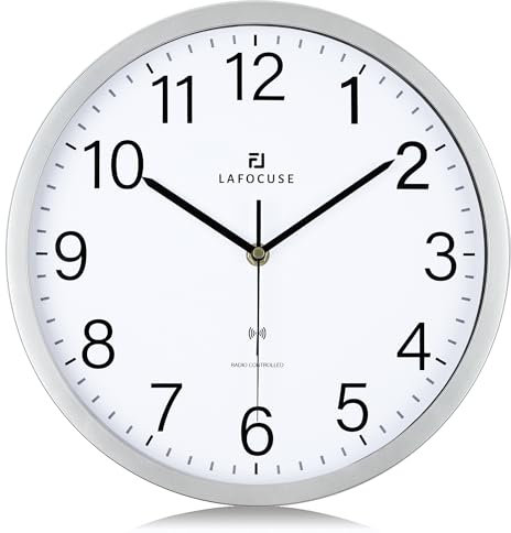 Lafocuse Funk Wanduhr Lautlos Modern 30cm, Hohe Genauigkeit Funkuhr Einfach zu Lesen, Silber Klassisch Wanduhr Analog Deko für Wohnzimmer Schlafzimmer Büro Küche