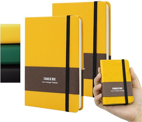 TUNJILOOL A7 Lederjournal - 2er Pack, Dotted/Grid/Blanko, 100GSM, Wasserfest, Gummiband (Gelb)