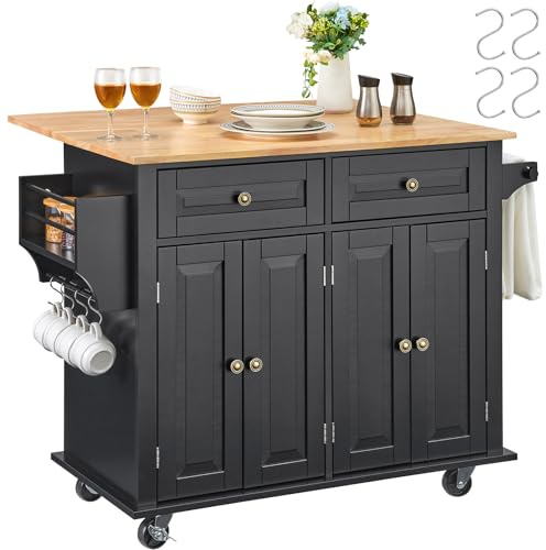VEVOR Carrello da Cucina, Carrelli Mobili, Piano Ribaltabile in Legno 1100 mm con Mobiletto Portaoggetti, Tavolo con Rotelle, Porta Spezie e Asciugamani, Cassetto Ganci, Isole Portatili, Nero | Mobiletto Portaoggetti Rastrelliera, Credenza Mobile per Utensili, Portaspezie, 2 Cassetti, 4 Ante e 2 Ripiani Regolabili