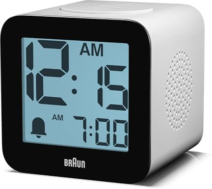 Braun digitaler Wecker mit Sprachausgabe, Schlummerfunktion, positivem LCD-Display, gesprochenen Einstellungsoptionen und ansteigendem Signalton in Weiß, Modell BC25WP