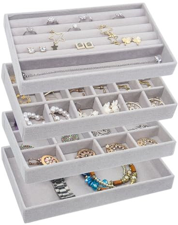 Nwvuop 4 Stück Schmuckaufbewahrung Schublade stapelbarer Schmucktablett, Schmuck Organizer Schublade für Halsketten Armbänder Ohrringe Ringe Uhren(Grau)