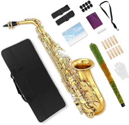 ModouString Alto Saxophone E Flat Sax Full Kit With Carrying Case,Mouthpiece,Straps, Reeds Saxophone Beginners Kit for Adults (gold)