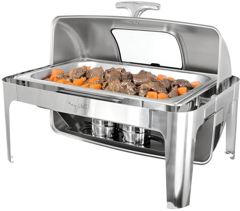 MegaChef Professioneller Küchenwärmer / Buffet-Serviertabletts aus Edelstahl, rechteckig, mit Rolldeckel, 9,5 l (9,5 l mit Fenster)