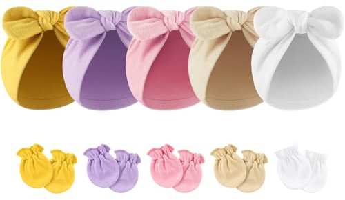 DRESHOW Baby Knut Turban Mössa Vantar Set Nyfödd Sjukhushatt Beanie Spädbarn Bow Hatt Baby Bomullshandskar Inga Repor Vantar 0-12 Månader