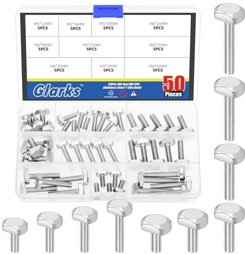 Glarks 50pcs M5 M6 T-Shaped Bolt Screw Set, 12/16/20/25/30/35MM Length 304 Stainless Steel T Shape Screws Hammer Head Bolt, Drop-in Stud Sliding T-Bolt, T-Slot Bolts for T Track