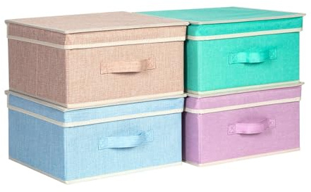 BrilliantJo Aufbewahrungsboxen mit Deckel, Faltbarer Aufbewahrungskorb für Kleidung mit Griff für Bücher, Schrank, Schlafzimmer, Zuhause, 4-Regenbogenfarben-Set 33,5 x 31,75 x 17,5 cm