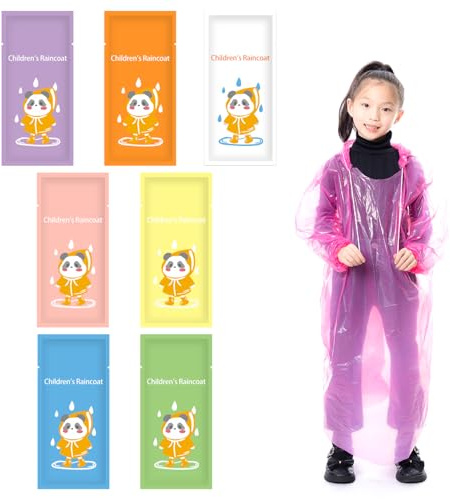 WUBAYI 7 Pack Kids Disposable Rain Poncho PE Material, Adjustable Drawstring Hood & Elastic Sleeves, Waterproof Reusable Plastic Ponchos for School, Travel, Camping, Outdoor Activities