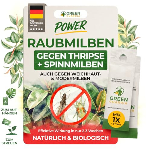 GREEN GUARDIA Power Raubmilben Mix gegen Thripse & Spinnmilben– 1 Mix mit 2 Tüten - Biologisches Mittel zur effektiven Thripse Bekämpfung–Umweltfreundlich, chemiefreie Mittel,einfache Anwendung