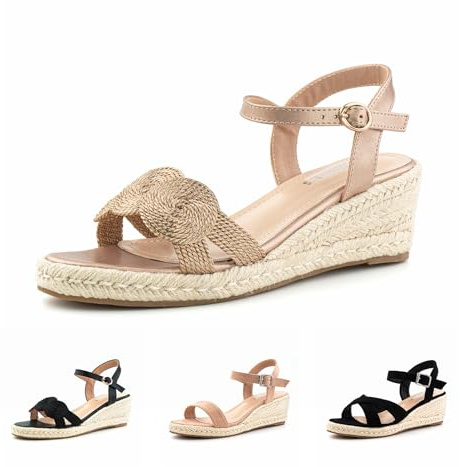 Hitmars Sandalias Mujer Plataforma Cuña Sandalias Verano Espadrilles Zapatos 6 CM Tacón Alpargatas de Cuña Moda con Hebilla Oro EU 37