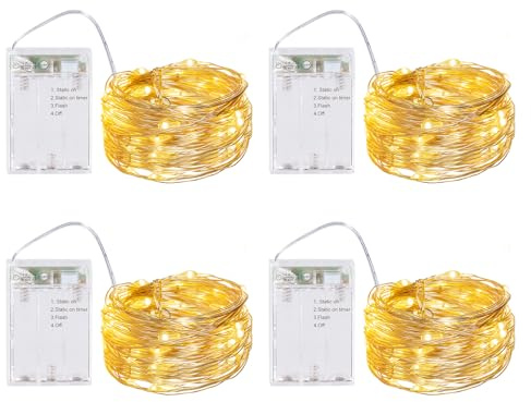 BXROIU Mikro LED ljusslingor batteridriven,med timer och flera ljuslägen,flexibel silvertråd,perfekt för inomhus- och festdekorationer (Varm vit, 2 meter, 4 stuks)